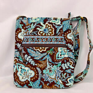 Vera Bradley Brown Blue Floral Quilted Cotton Crossbody Shoulder Bag
